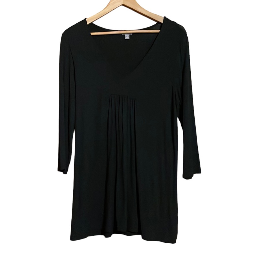 •J.JILL•BLACK V NECK PLEATED FRONT 3/4 SLEEVE FLOWY TUNIC TOP SIZE MEDIUM EUC